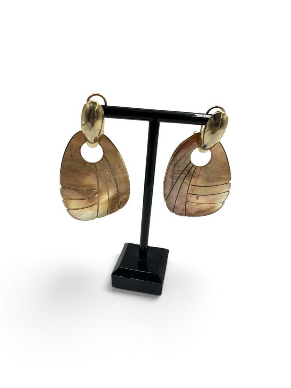Vintage 1980s Mother of Pearl Shell Slab Gold Tone Clip On Statement Earrings